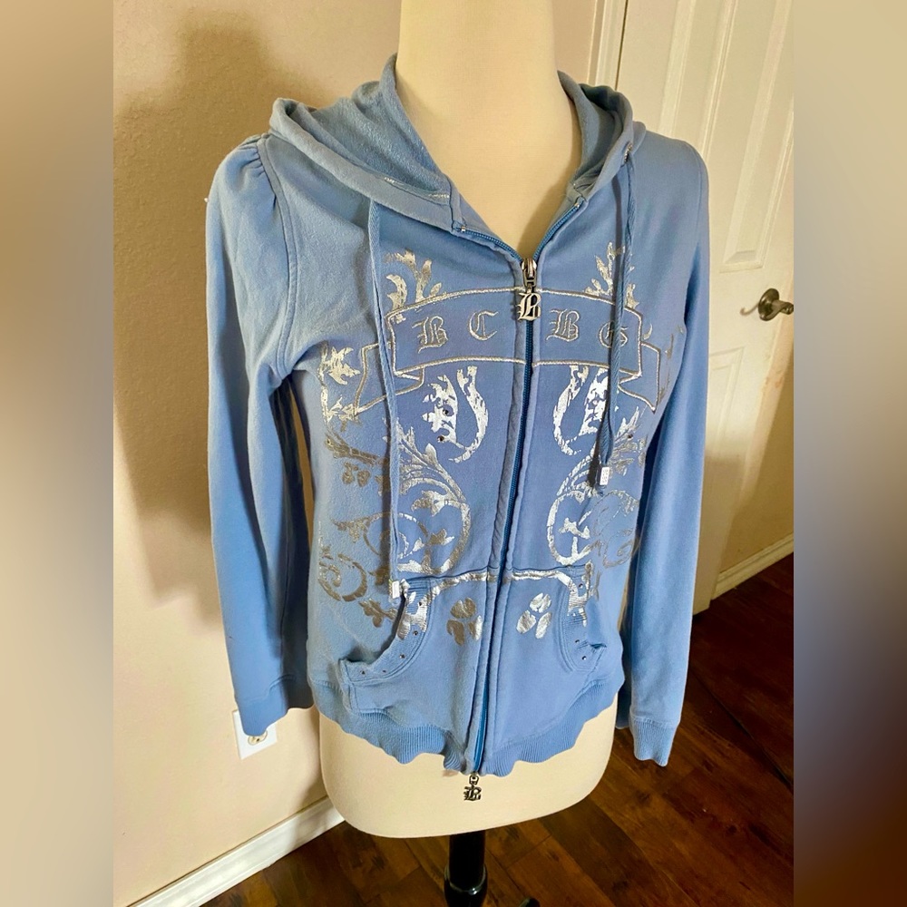 BCBG MAXAZRIA Y2K Powder Blue Zip Up Hoodie, Size Medium